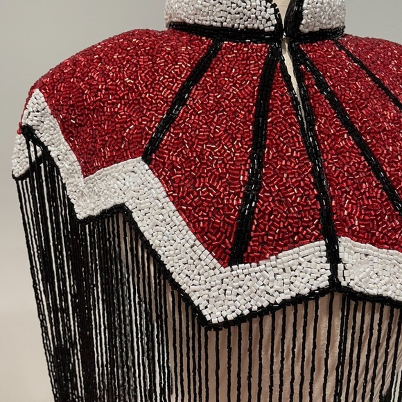 Red Black and White Letterman Design hand beaded fringe capelet O/S - Picture 3 of 3